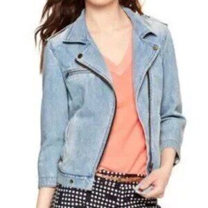 Gap 1969 Women's Sz L Denim Biker Jacket Asymmetrical Zip Beach Wash